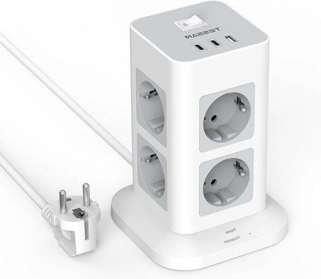 Multiprise 8 prises avec protection surtension et USB-C - Modèle Gris