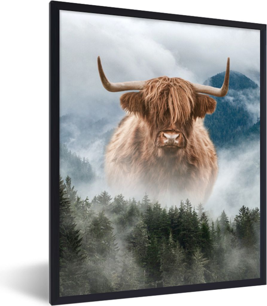 MuchoWow Gerahmtes Poster Schottischer Highlander - Nebel - Wald 30x40 cm - Poster mit Schwarzem Bilderrahmen Wandposter Rahmen Foto Bilder - Wan...