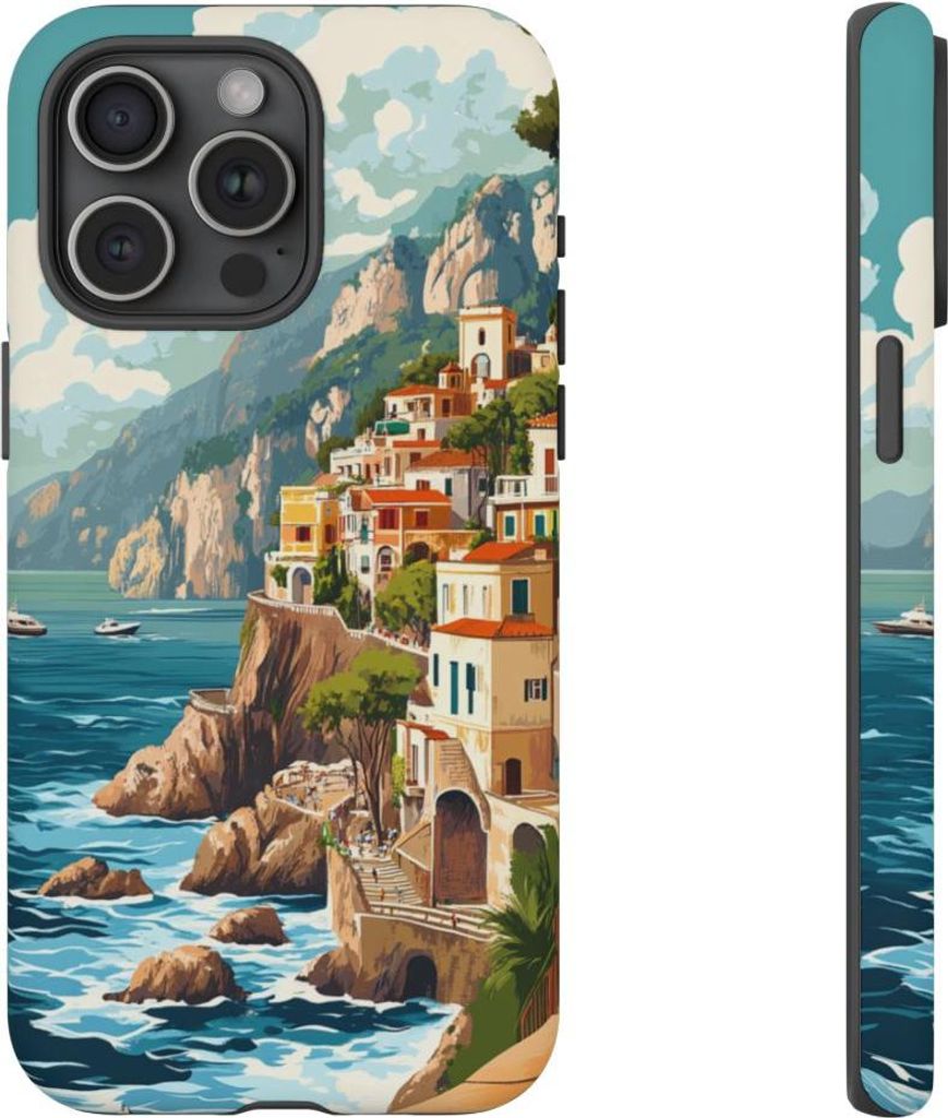 Retro-Illustration der Amalfiküste – Handyhülle Kompatibel mit iPhone 15 Pro Max
