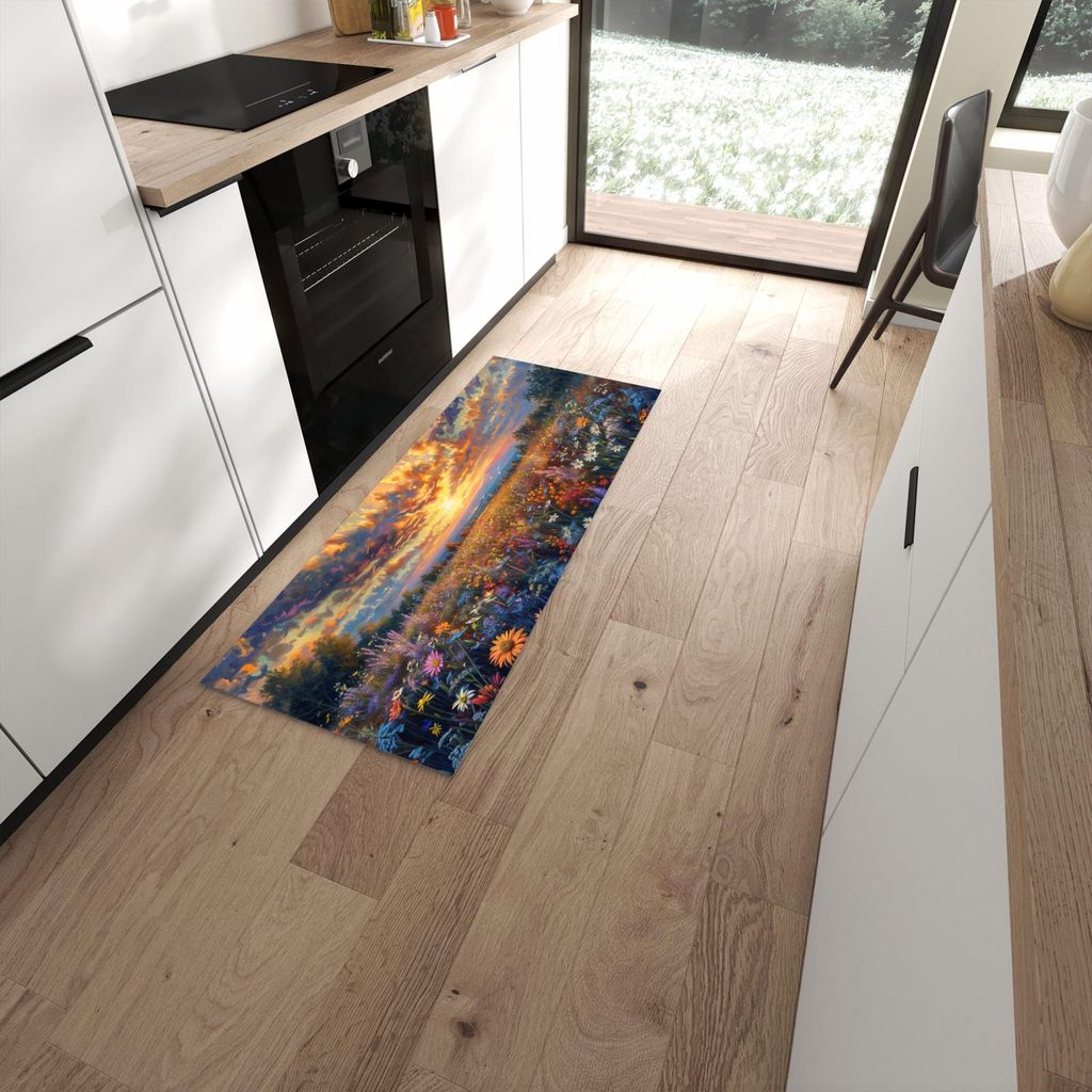 Küchenteppich 60x150cm rutschfest & abwischbar PVC Läufer - Sonnenuntergang von Blumenwiese
