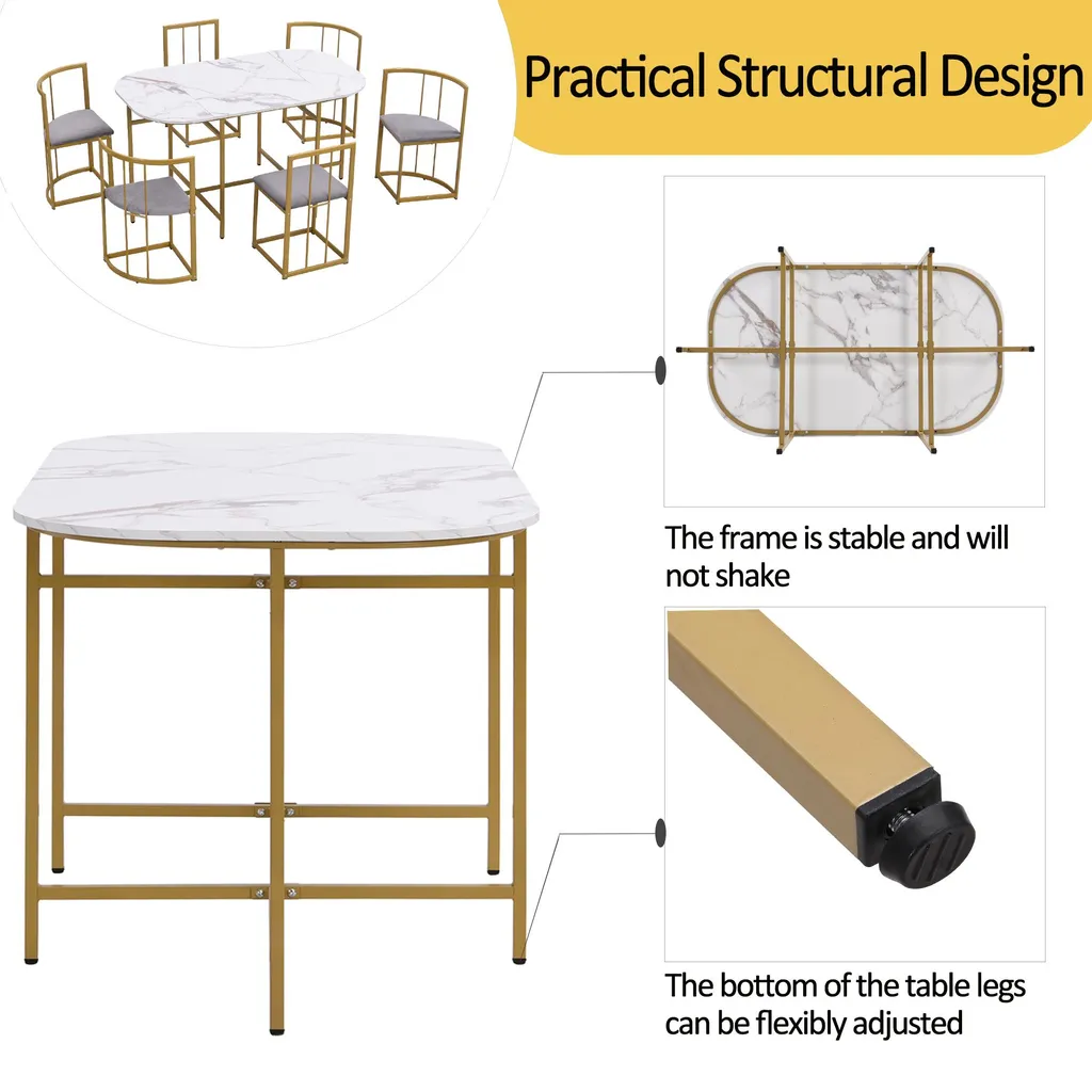 Table de cuisine ovale avec 6 chaises rembourrées ensemble complet doré