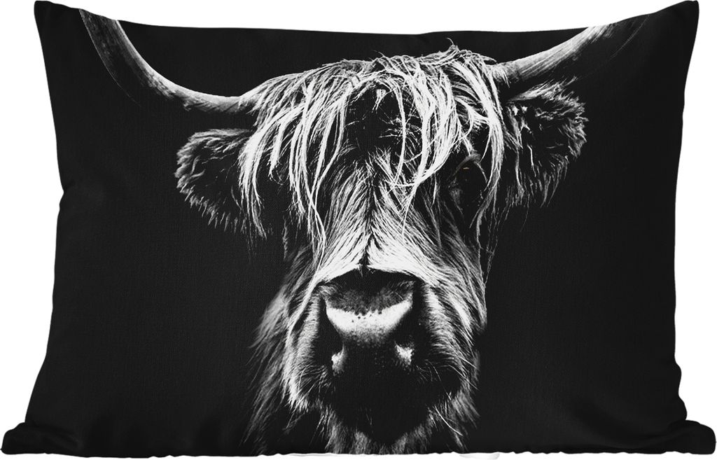 MuchoWow Outdoor Kissen - Schottisches Hochlandrind - Hörner - Schwarz - Weiß - Kuh - Wild - Tiere - 50x30 cm - Wetterfest - Lounge Kissen - So...
