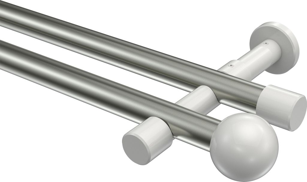 Interdeco Gardinenstange / Vorhangstange Edelstahl-Optik / Weiß, Typ Prestige Luino (Kugel) ohne Ringe, 20 mm Ø 2-läufig, 100 cm