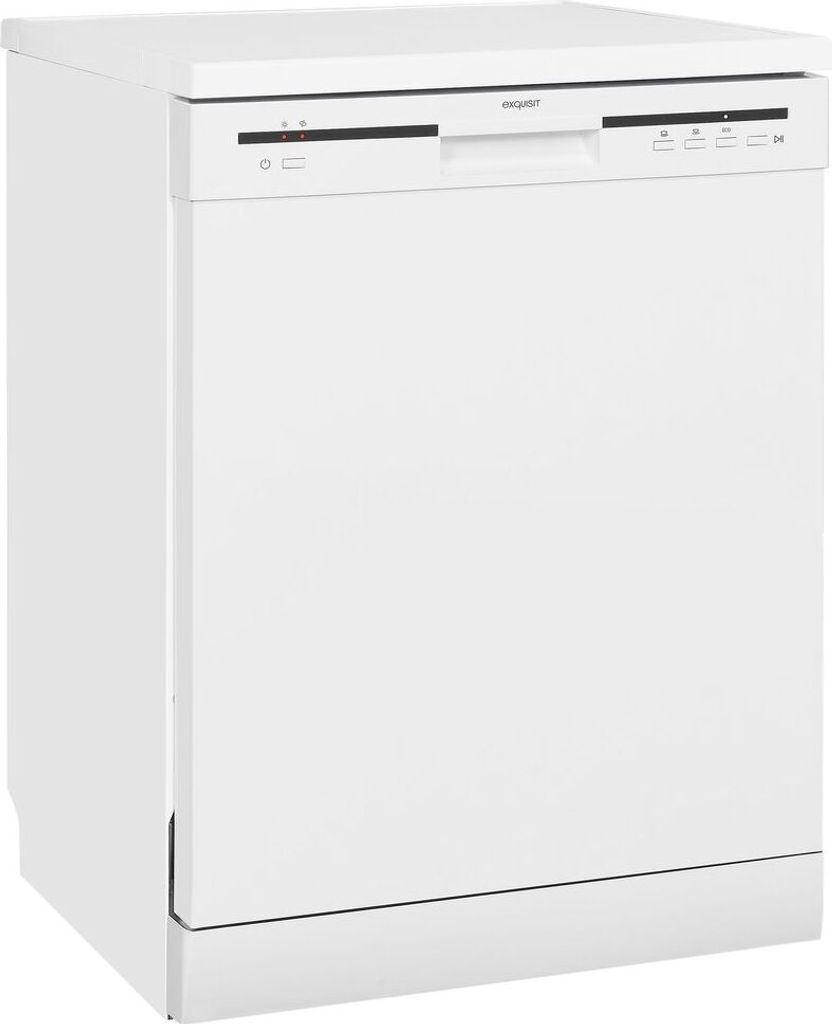 A white dishwasher is shown from a diagonal front-facing angle.