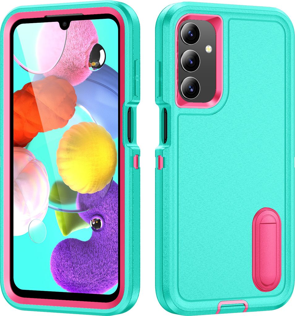 Hülle für Samsung Galaxy A14 5G/4G Hybrid Dreilagige Robust Stoßfest Schwerlast Schutzhülle mit Ständer Türkis