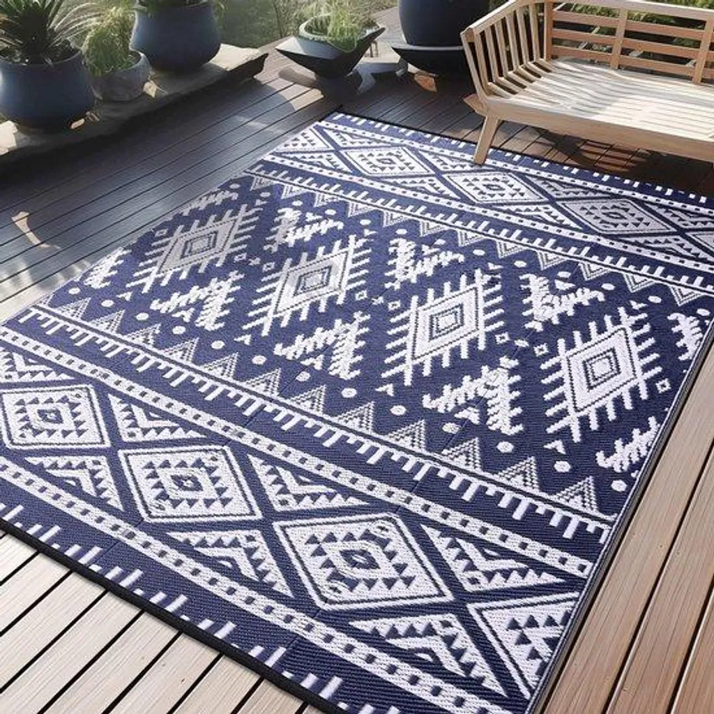 Tapis de terrasse extérieur bleu marine 180x270 cm réversible et pliable