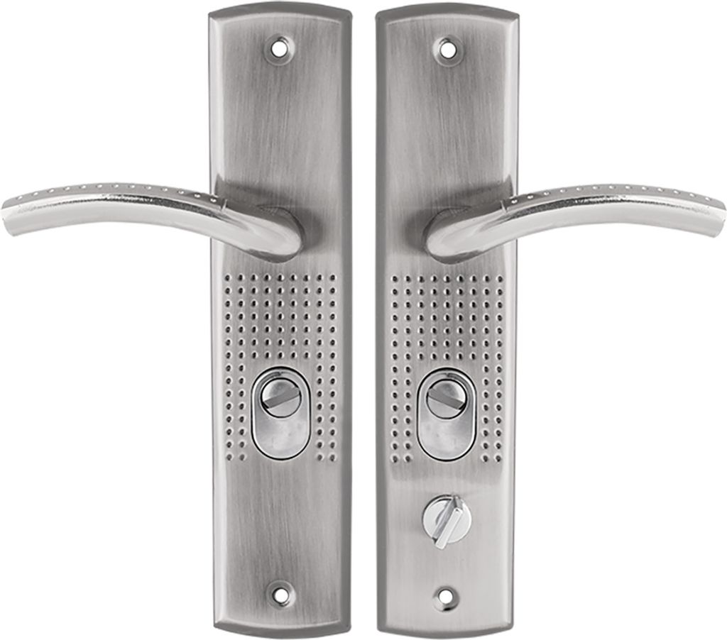 A pair of silver-colored door handles with locks, presented against a white background.