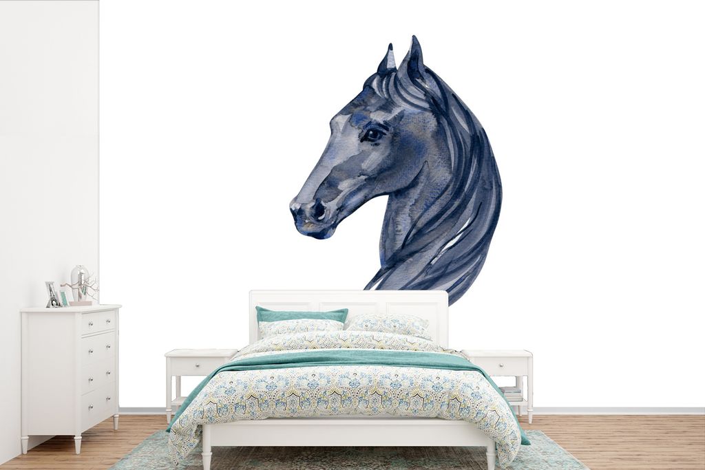 MuchoWow Fototapete für Wohnzimmer oder Schlafzimmer Wandtapete Vinyl Motivtapete Pferd - Aquarell - Blau - Mädchen - Kinder - Mädchen - 420x2...