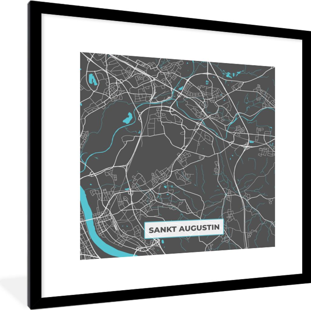 MuchoWow Gerahmtes Poster Stadtplan - Deutschlandkarte - Blau - Sankt Augustin - Karte 40x40 cm - Poster mit Schwarzem Bilderrahmen Wandposter Ra...