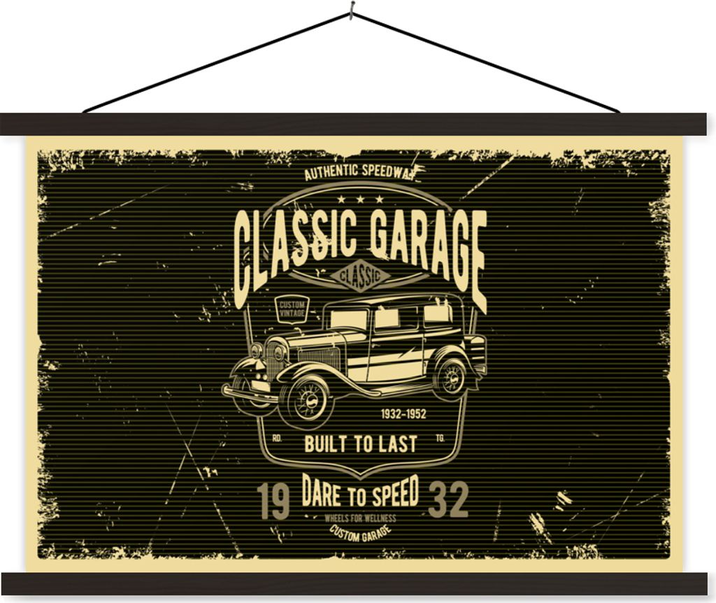 MuchoWow Textilposter Mancave - Auto - Retro - Schwarz 90x60 cm mit schwarzem Rahmen - Aufhängungssatz