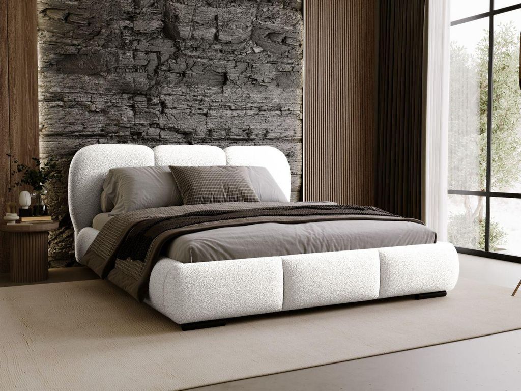 FurniDe24 Polsterbett Rossa 200x200 cm - Bett 200x200, Polsterbett mit Bettkasten & Lattenrost - Bouclé-Stoff - Bett Weiß (Quelle 1)