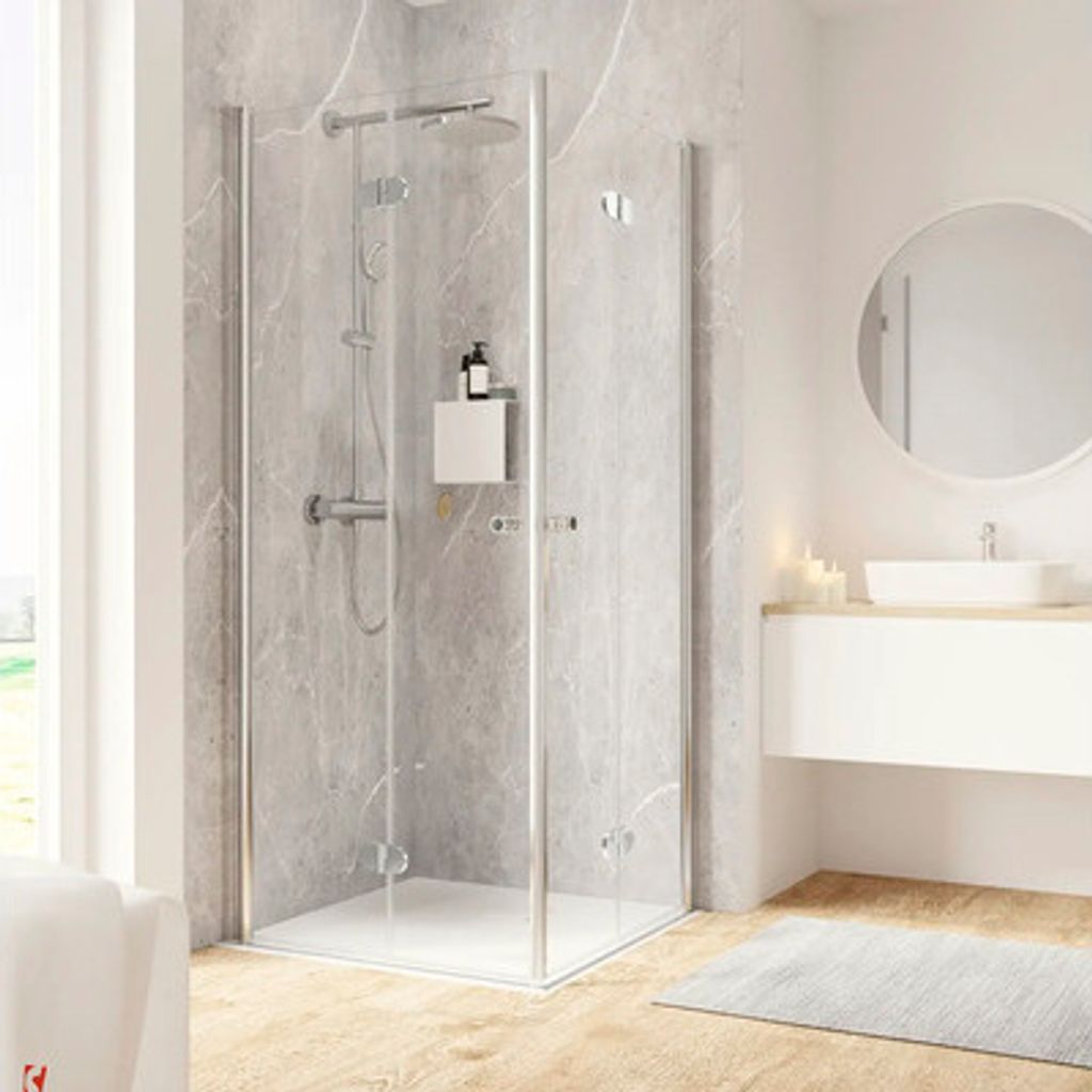 Eckeinstieg mit Drehfalttür SCHULTE Garant 2.0 90 x 75 x 200 cm Profil chrom Klarglas Puffergriff