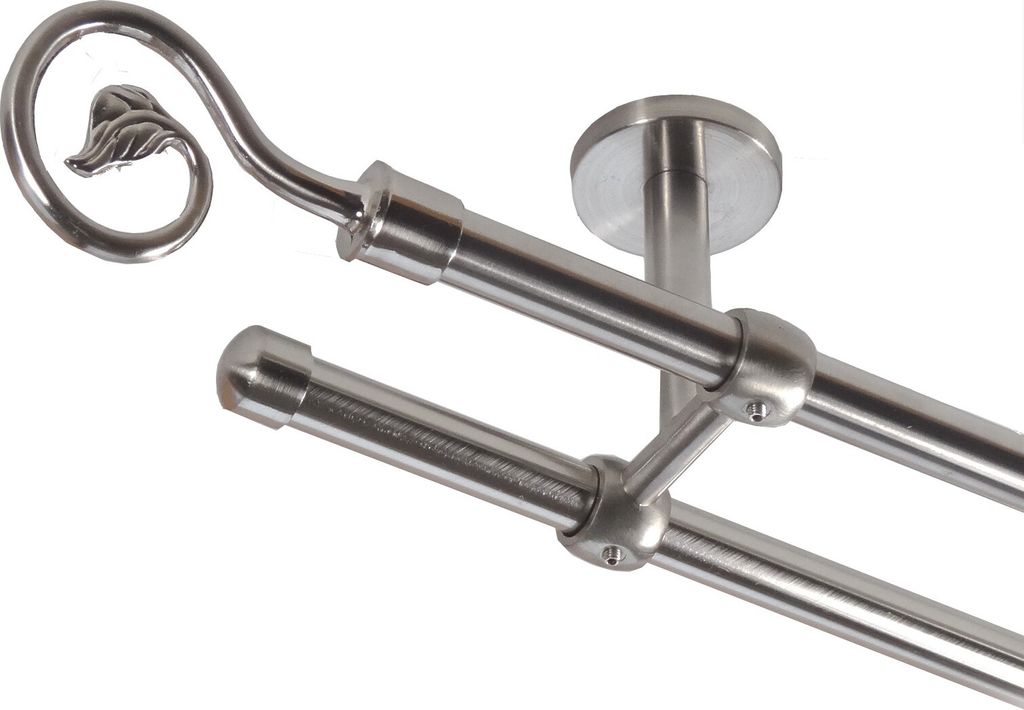 Gardinenstange Set Edelstahl Look Metall Ø 16mm Deckenbefestigung 2-lauf Blatt Kringel, Länge wählbar D21 E20 E17