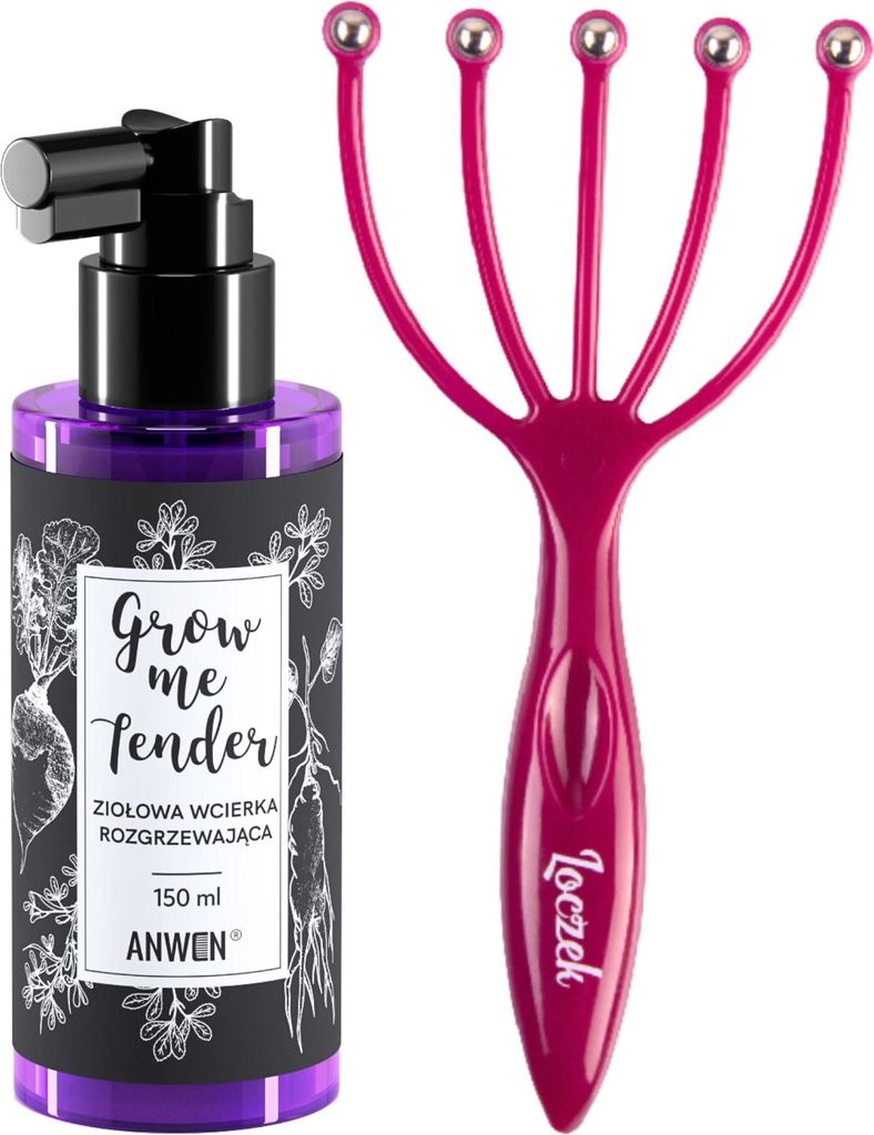 A bottle of hair lotion and a scalp massager are displayed side-by-side against a white background.