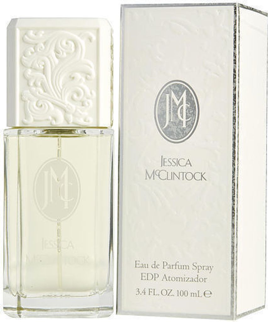 A bottle of Jessica McClintock perfume and its packaging.