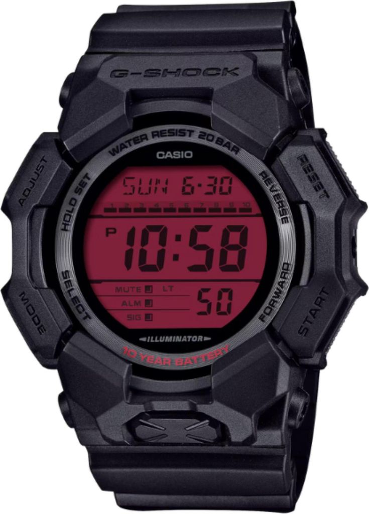 A close-up studio shot of a black G-Shock digital watch with a red display.