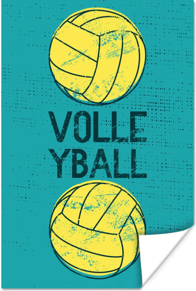 MuchoWow Poster Volleyball Illustration mit Zitat "Volleyball" auf blauem Hintergrund 80x120 cm - Papierdruck