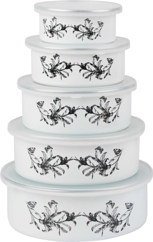 A stack of five white enamel bowls with a black floral and dragonfly motif, each with a clear lid.