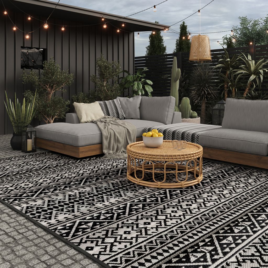 EVOCAMP Outdoor Teppich 270x300 cm, Kunststoffteppich, wetterfest für Terrasse, schwarz-weiß