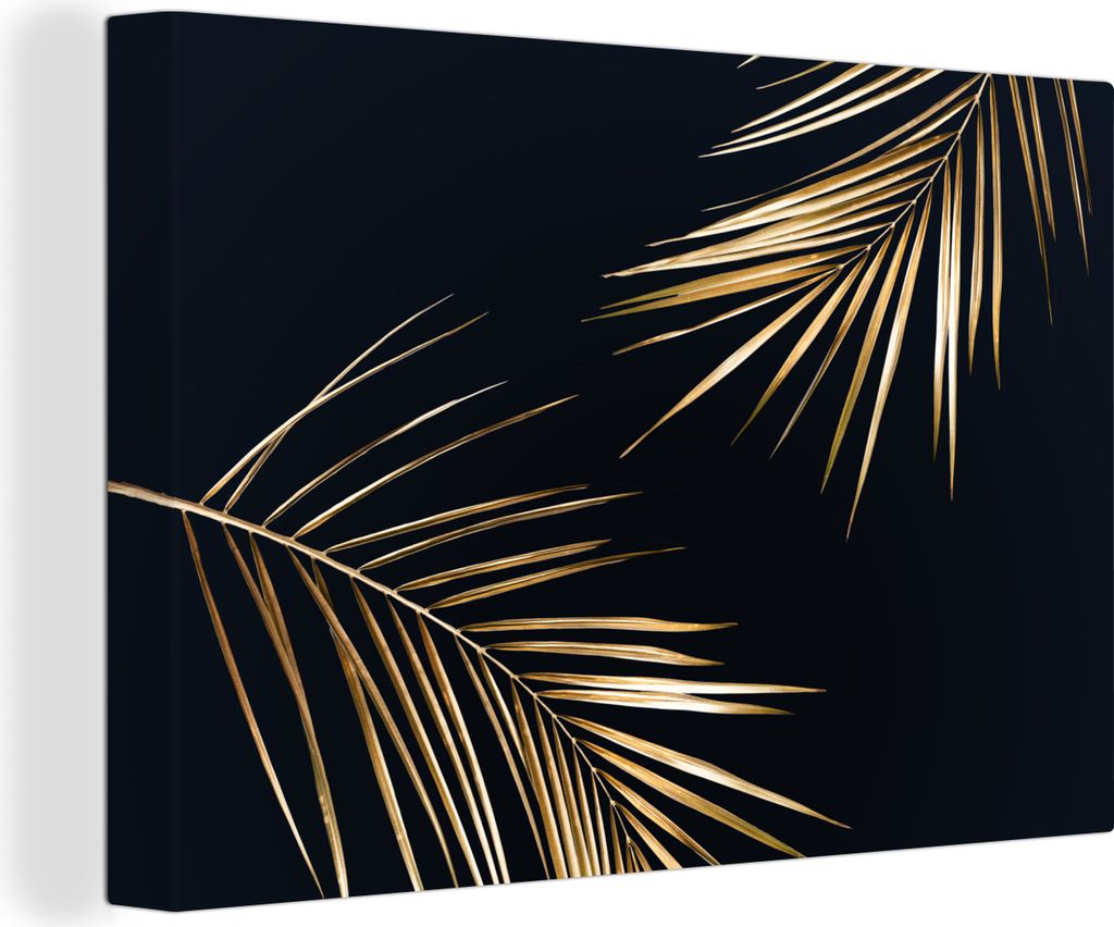 MuchoWow - Leinwandbilder - Blätter - Pflanzen - Gold - Schwarz - Luxus, Wandbild, Wanddeko Bilder Wohnzimmer, 30x20 cm