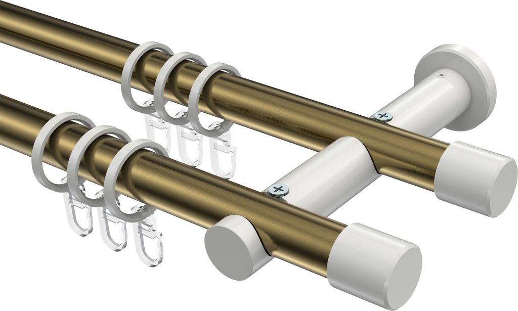 Interdeco Gardinenstange / Vorhangstange Messing Antik / Weiß, Typ Platon Santo (Kappe), 20 mm Ø 2-läufig, 320 cm