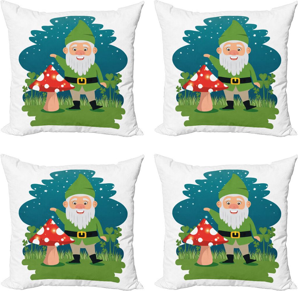 ABAKUHAUS Gnom Kissenbezug Set (4 Stück), Elf mit Pilze im Wald, Moderner Doppelseitiger Digitaldruck, 50 cm x 50 cm, Fern Green Petrol Blau