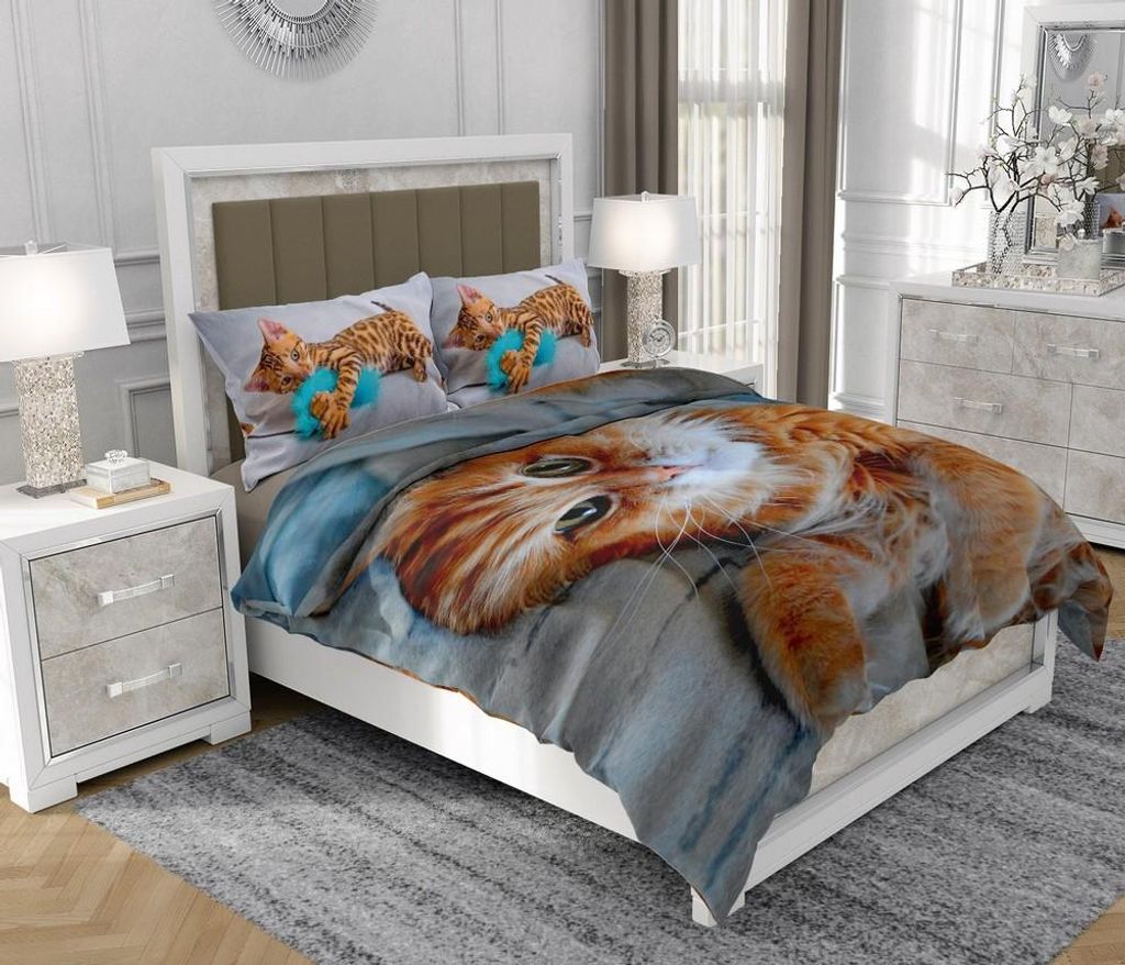 Bettwäsche 160x200 cm + 2x70x80 cm, 3-teilig, 100% Baumwolle, Satin, Reißverschluss, Katze, Bunt - SOVIO | So.Z0026