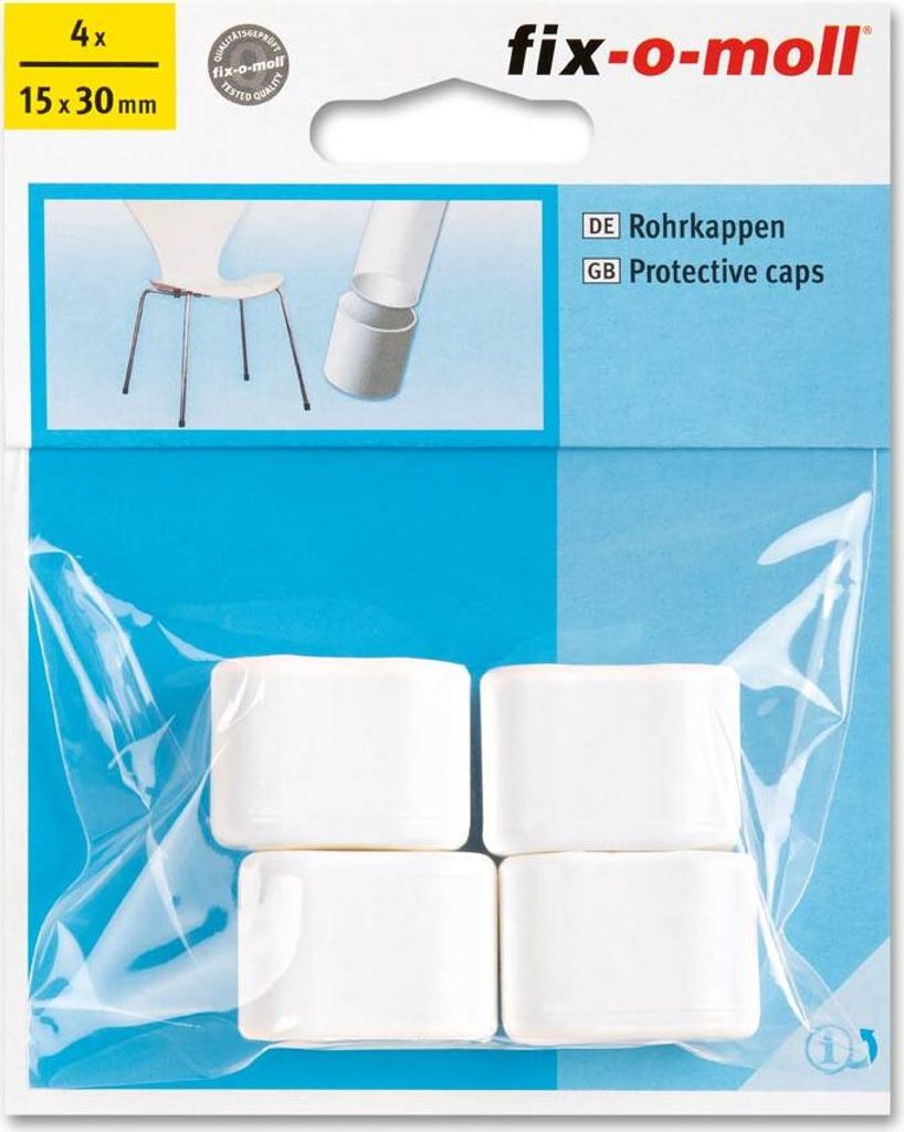 Packaging for "fix-o-moll" brand protective caps for furniture legs.