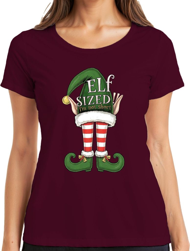 ELF SIZED I'm not short lustig Weihnachten Elfen gestreift grün Damen T-Shirt, Burgundy, S