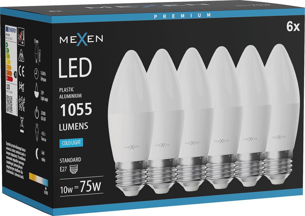 Mexen Nova 6x LED-Glühbirne E27, C37, 10W, Kalt - 6500K, 1055 lm - L102-E27-1065-01x06