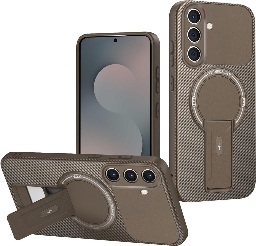Hülle für Samsung Galaxy S25 FE Magnetisch Carbonfaser Design TPU Hybrid Handyhülle mit Ständer Braun