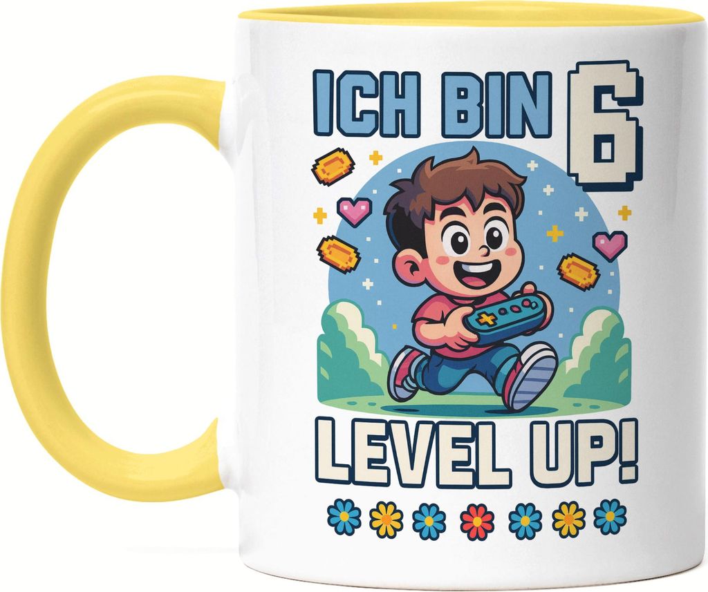 Ich bin 6 Level Up Tasse Gelb Geschenkidee Kindergeburtstag Gamer Junge Mädchen 6 Jahre