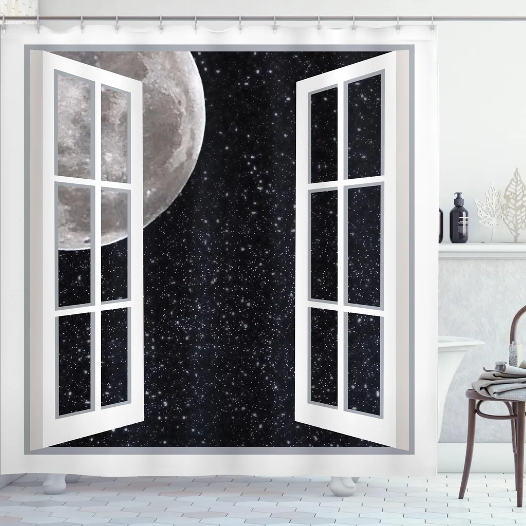 ABAKUHAUS Tenda da doccia spaziale, finestra sullo spazio Decorazioni a tema Illustrazione con luna e stelle, 175 x 180 cm, nero bianco grigio