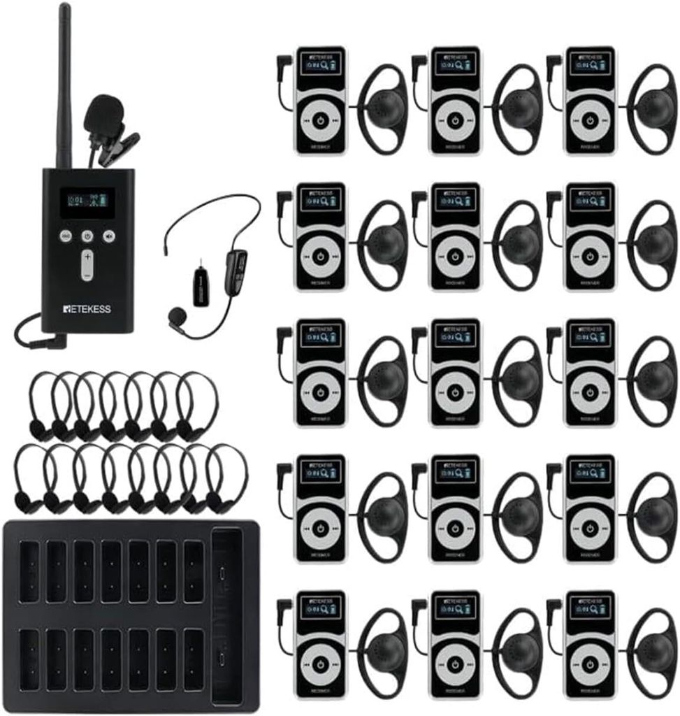 A collection of Retekess T130P tour guide system components laid out on a white background.