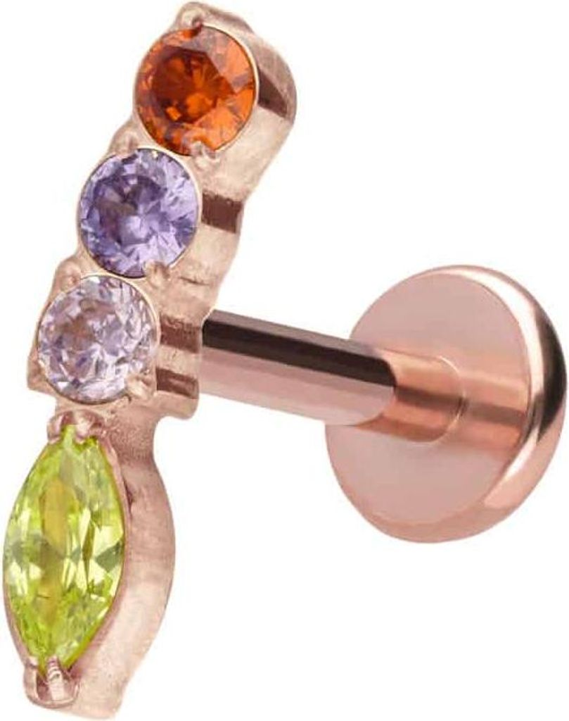 Ohrpiercing, Nasenpiercing Titan Labret mit Push Fit BUNTER KRISTALLBOGEN RoséGold Stablänge: 9mm | Stabstärke: 1,2mm