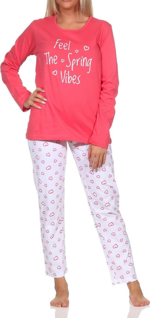 Normann Damen Schlafanzug langarm, Pyjama Hose in Herz Optik ; pink , 48