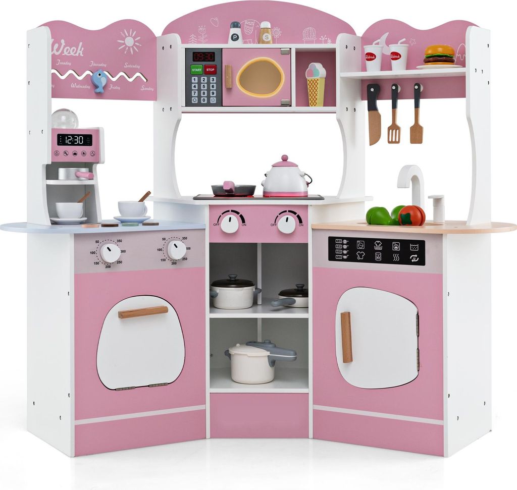 GOPLUS Eck Kinderküche, Spielküche für Kinder mit Lichtern und Ton, Kaffeemaschine, Ofen, Mikrowelle, Waschmaschine & Kochgeschirr, Rosa
