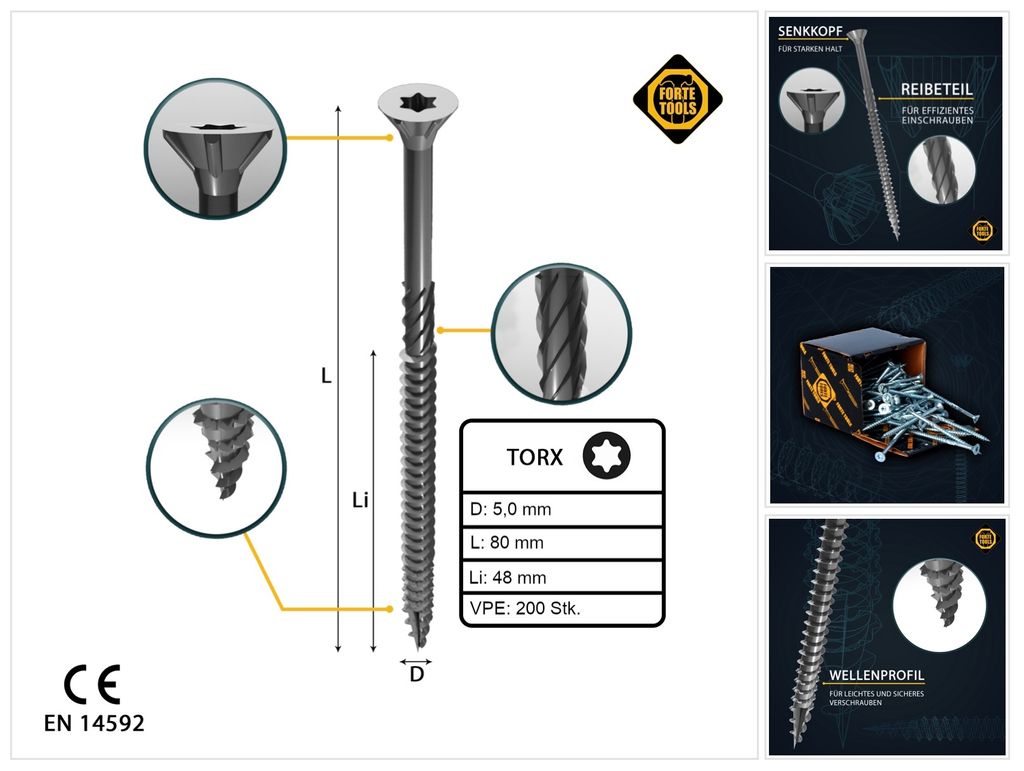 FORTE Tools Universal Holzschraube 5,0 x 80 mm T25 200 Stk. ( 000040113884 ) silber verzinkt Torx Senkkopf Teilgewinde