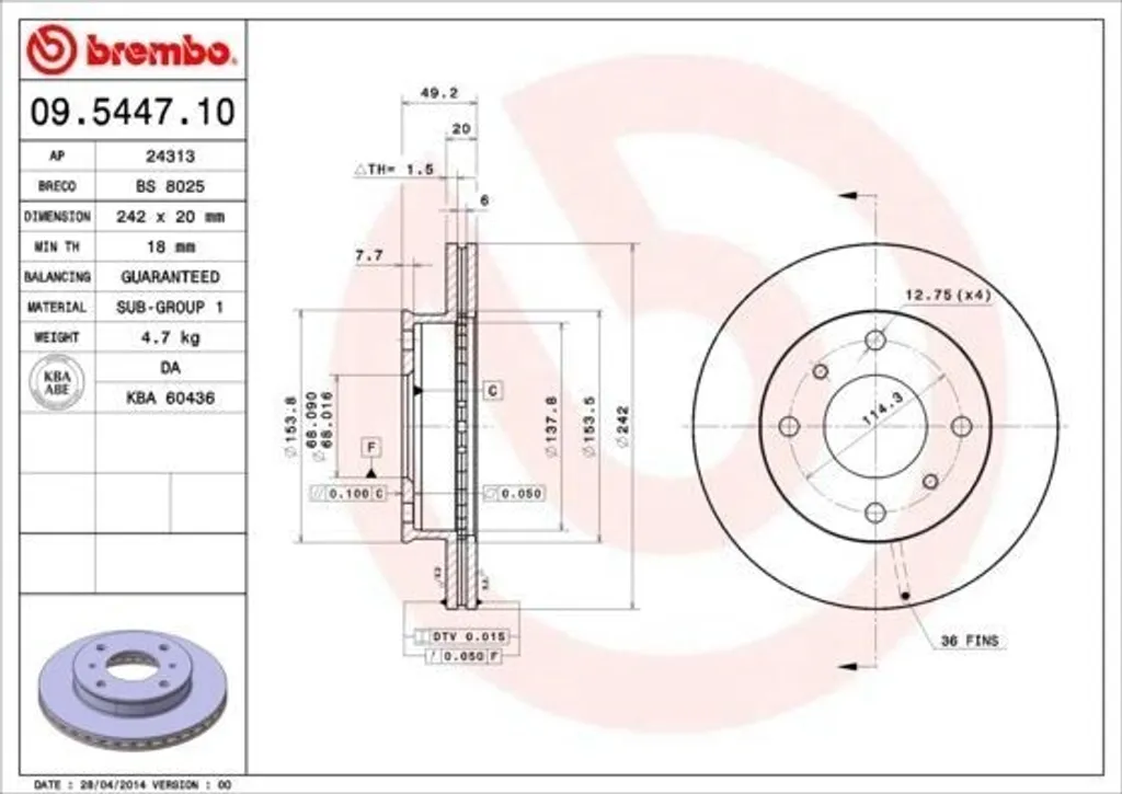 Disque de Frein Primera P10 Brembo 09.5447.10 Sécurité de Route