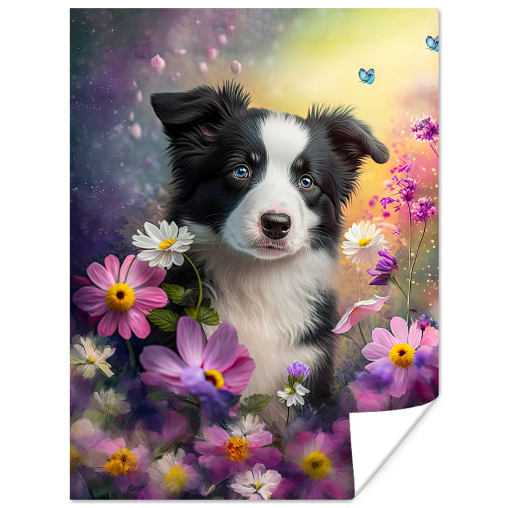 MuchoWow Poster Hund - Blumen - Natur - Welpe - Border Collie 30x40 cm - Wandplakat - Poster Kinderzimmer