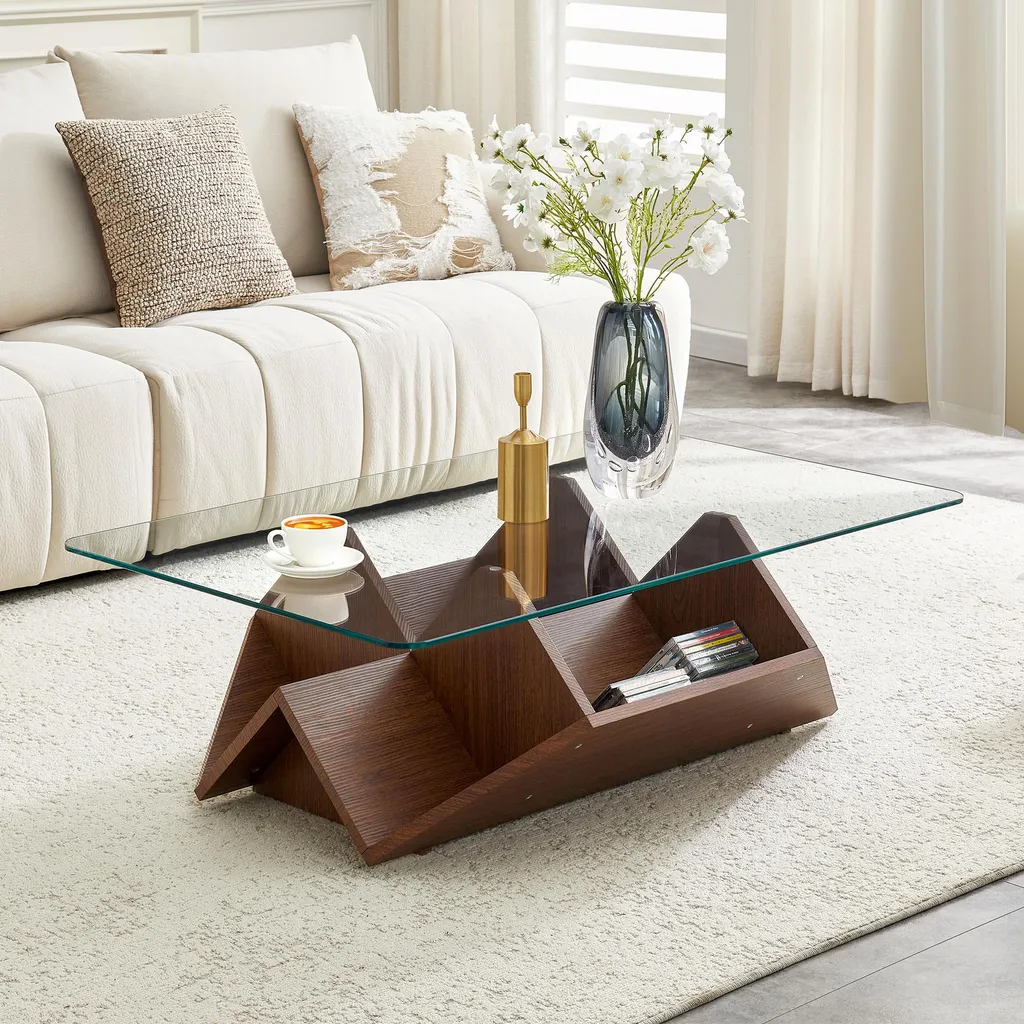 Table basse 103x63 cm en noyer avec plateau verre et rangements