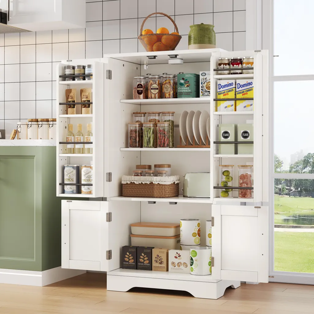 Armoire Haute Gain de Place avec Portes de Rangement et LED Blanche