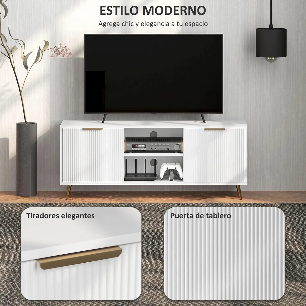 Buffet TV Blanc de Style Moderne - Meuble de Salon Bas avec Rangements