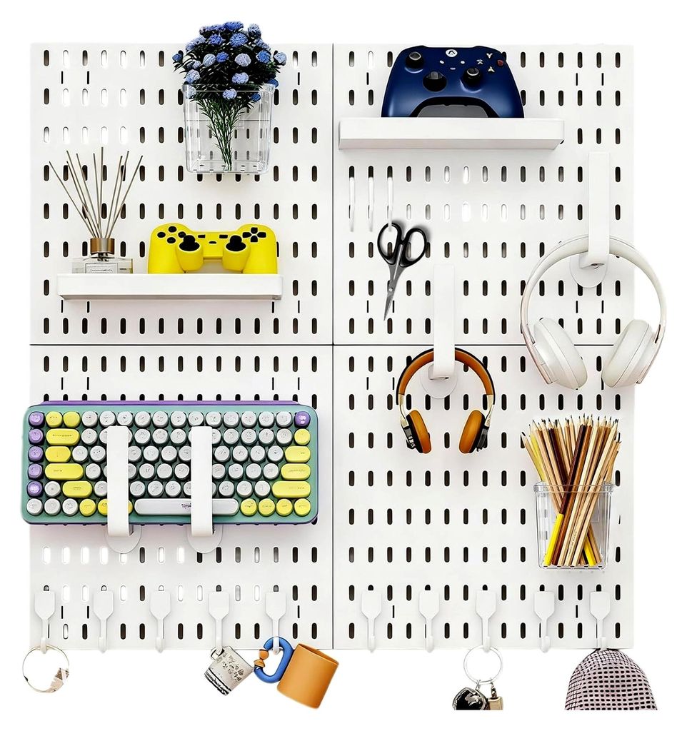 Kombinationsset für Stecktafeln, Weiß Kunststoff Gitter Wand Komplettset mit 4 Fliesen, Zubehör für Gaming-Setup, Computertischzubehör mit Hal...