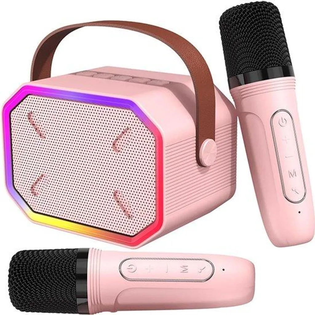 Enceinte karaoké Bluetooth portable rose et microphones sans fil RGB