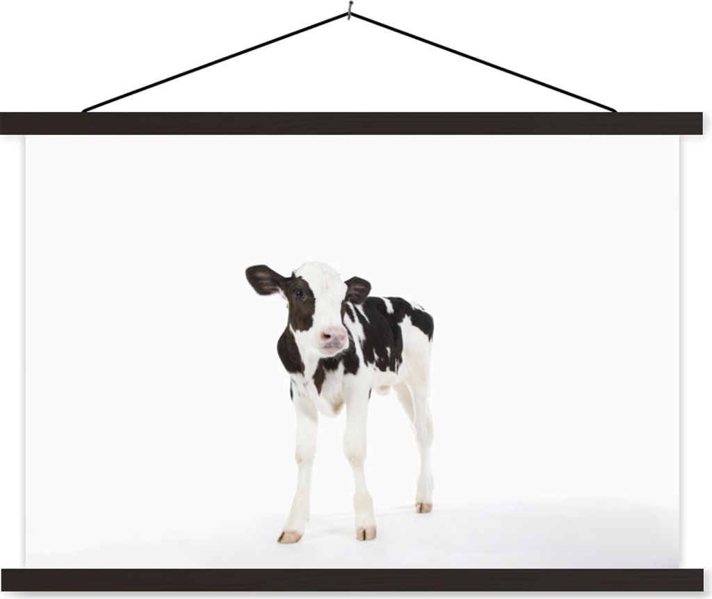 MuchoWow Textilposter Kuh - Kalb - Weiß - Tiere 90x60 cm mit schwarzem Rahmen - Aufhängungssatz