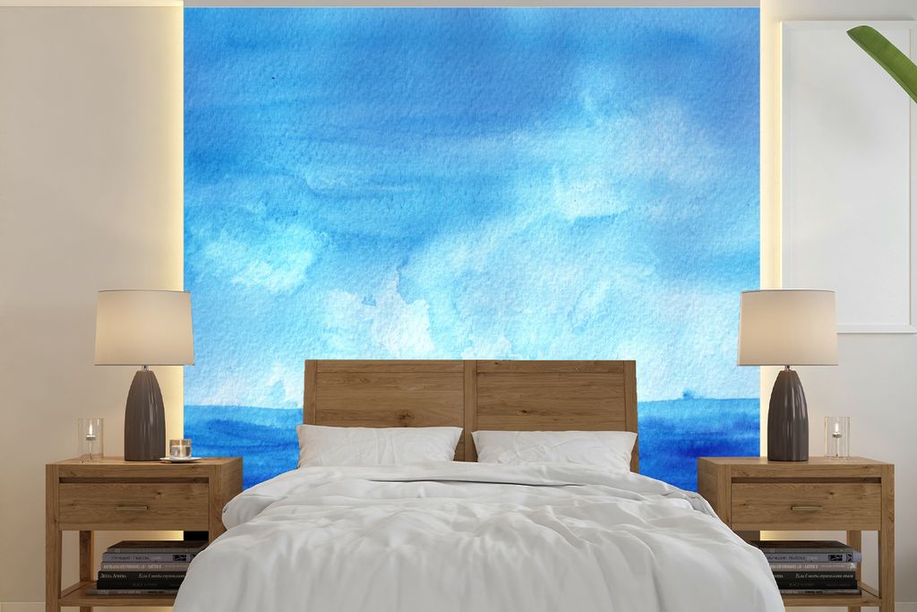 MuchoWow Fototapete für Wohnzimmer oder Schlafzimmer Wandtapete Vinyl Motivtapete Aquarell - Meer - Himmel - 220x220 cm - Tapeten