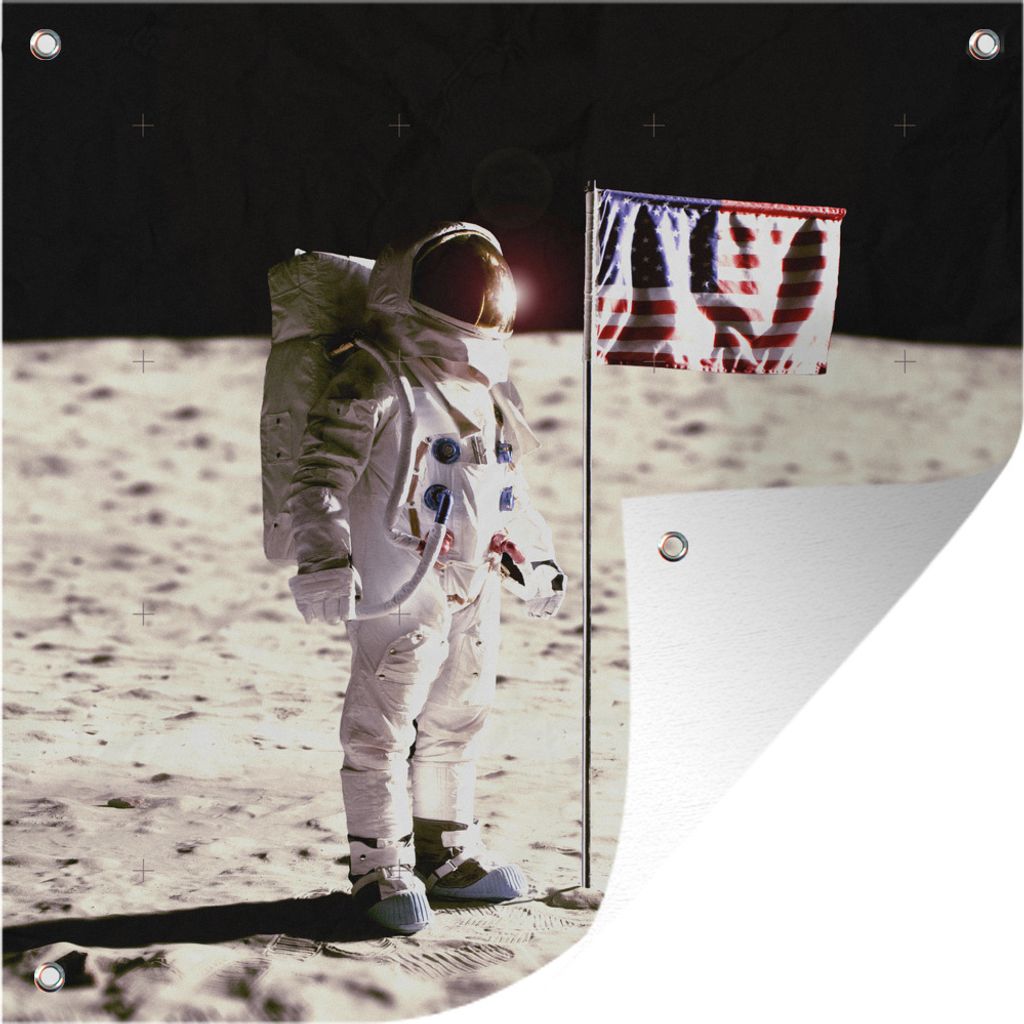 MuchoWow 50x50 cm Outdoor-Poster Gartendeko Sichtschutz Garten Poster für den Garten Astronaut - Mond - Flagge - Amerika