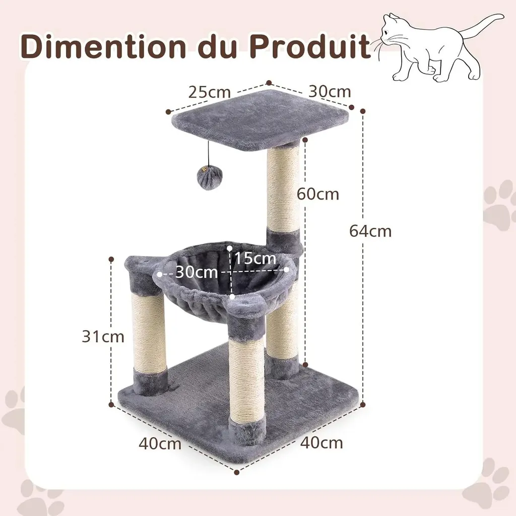 Arbre à chat résistant aux griffures en bois gris avec peluche douce - 4