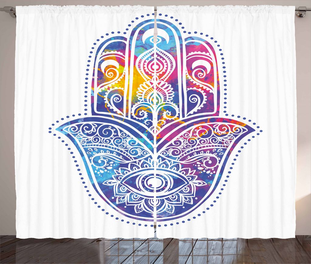 ABAKUHAUS Hamsa Rustikaler Vorhang, Vibrant Schutzaugen, Wohnzimmer Universalband Gardinen mit Schlaufen und Haken, 280 x 245 cm, Aqua Lila Rosa